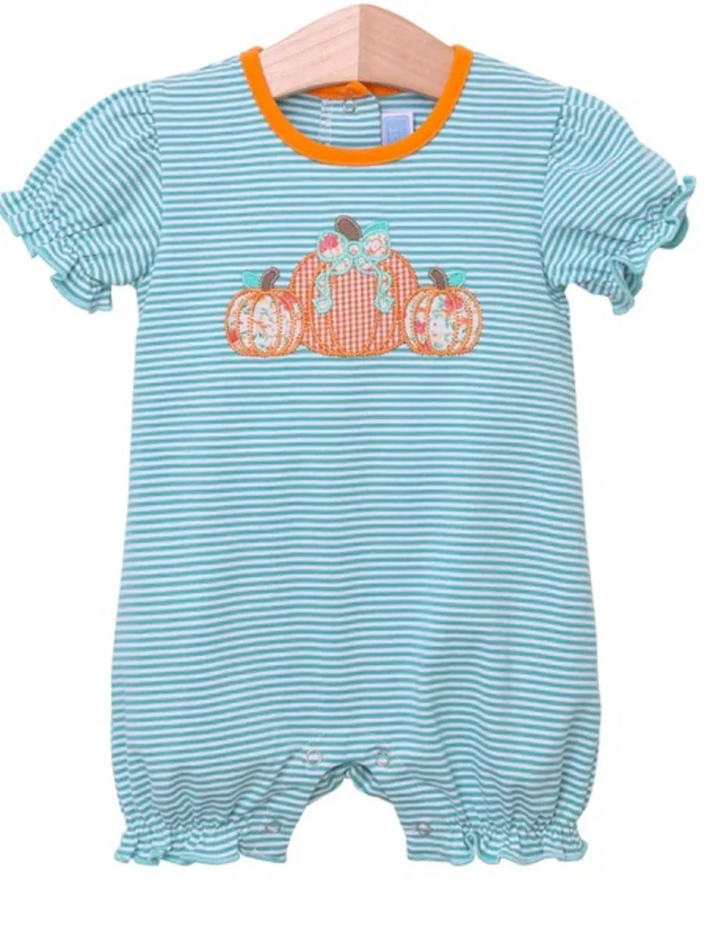 Baby Girls Pumpkin Appliqué Stripe Bubble Romper 6M Halloween Fall Outfit